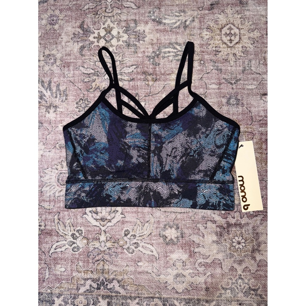 Mono B Blue Purple Abstract Print Strappy Mesh Back Sports Bra AT1672 NWT Small